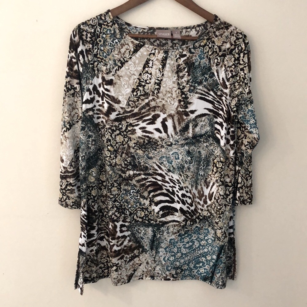 Chico's leopard print mini dress scoop neck crop sleeve side split hem SZ 1/SM